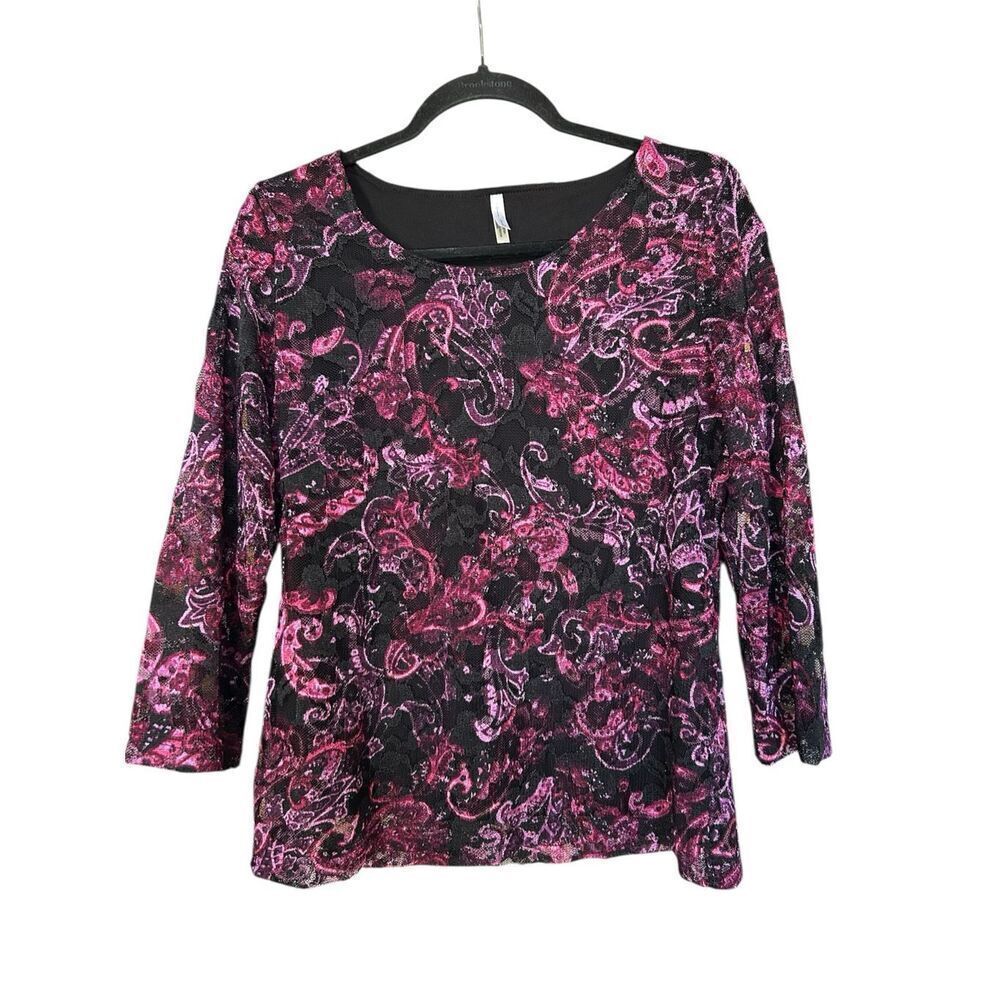 White Stag Women’s Blouse L Black Pink Lace Overlay 3/4 Sleeve Scoop Neck Lined